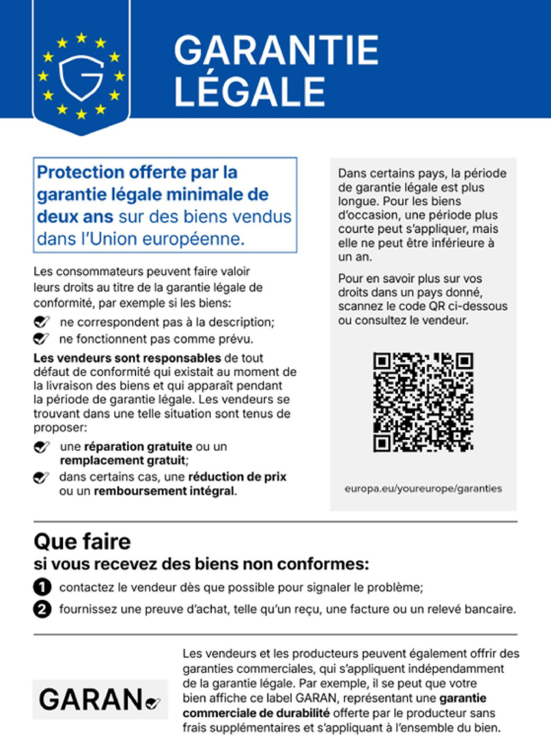 Avis UE : garantie légale de conformité